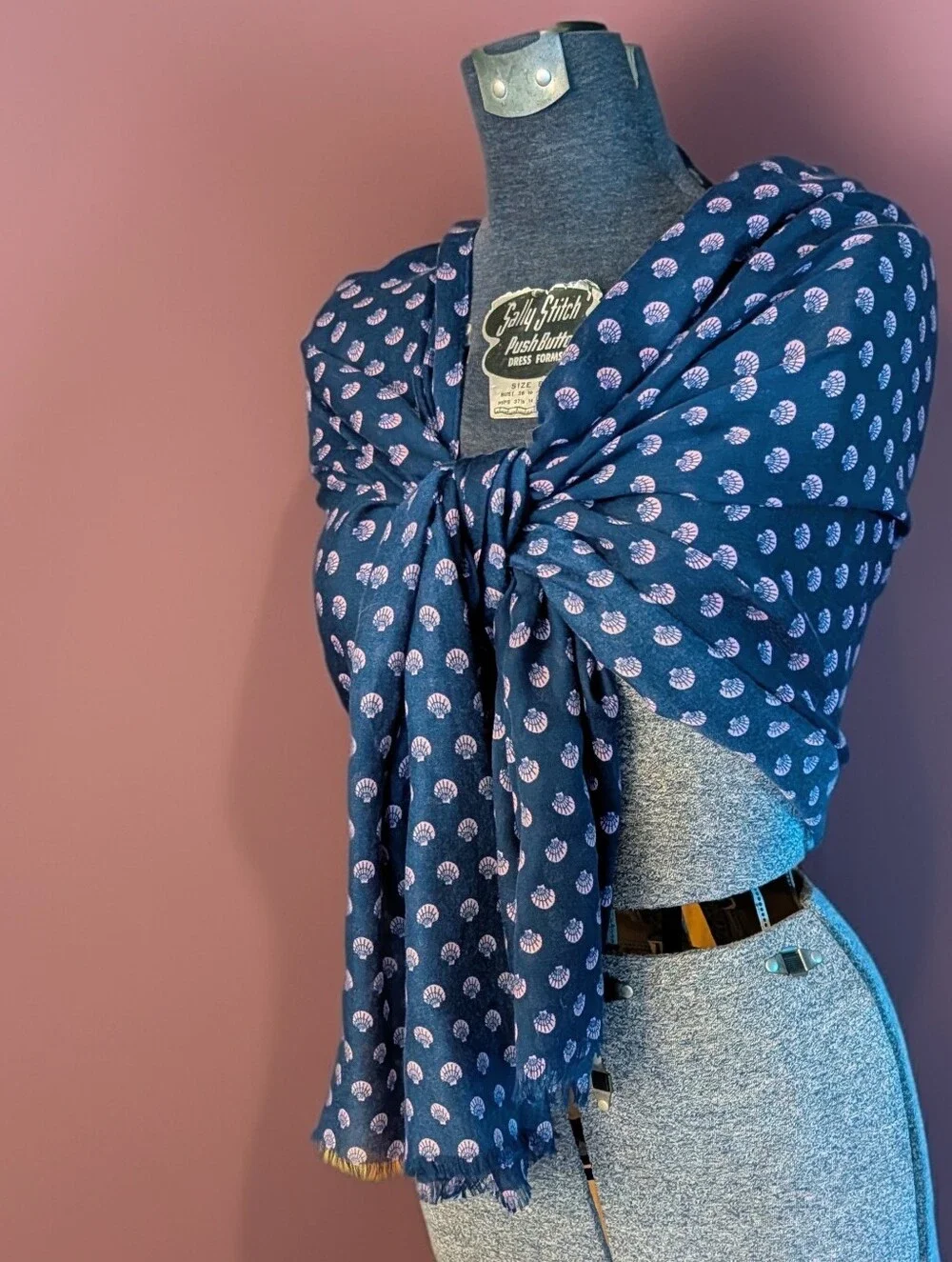 NWOT Who What Wear 2023 Slate Dark Blue Soft Dull Pink Shell Coastal Scarf 72x25